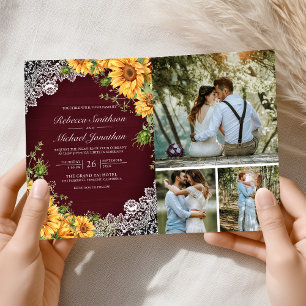Convite Casamento Código QR Girassóis Rústicos Madeira Bor