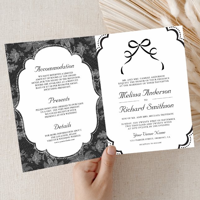 Convite Casamento Código QR Laço Coquete em Preto e Branco (Criador carregado)