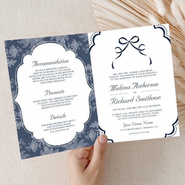 Convite Casamento Código QR Laço Coquette Azul Marinho Bra (Criador carregado)