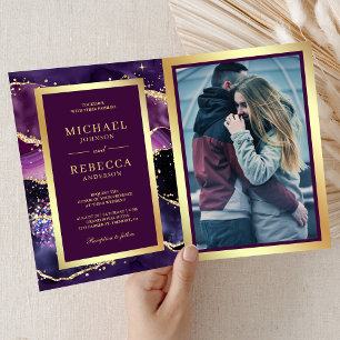 Convite Casamento Código QR Mármore Ágata Dourado Roxo