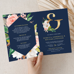 Convite Casamento Código QR Naval Ampersand Floral Rosa Ru