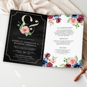 Convite Casamento Código QR Naval Borgonha Floral Preto