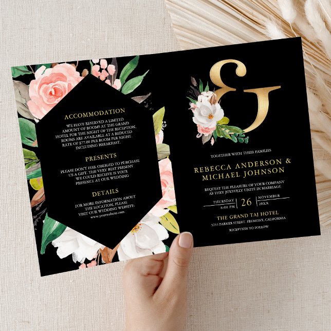 Convite Casamento Código QR Preto Floral Rosa Corado (Criador carregado)