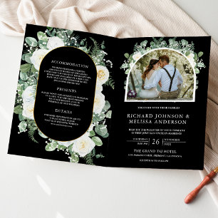 Convite Casamento Código QR Preto Foto Floral Marfim
