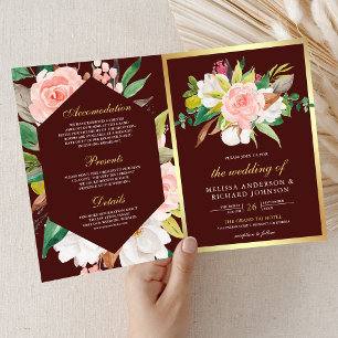 Convite Casamento Código QR Rosa Floral Dourado Borgonha