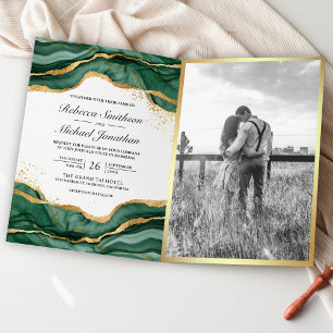 Convite Casamento Código QR Tinta Abstrata Dourada Verde E