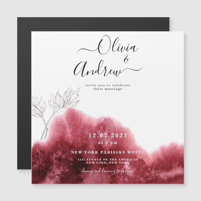Convite Casamento com Aquarela Botânica Prata Vermelho Bor (Frente/Verso)