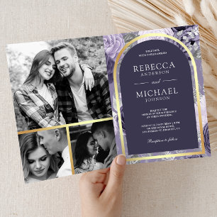 Convite Casamento com Arco Floral Roxo Heather Código QR
