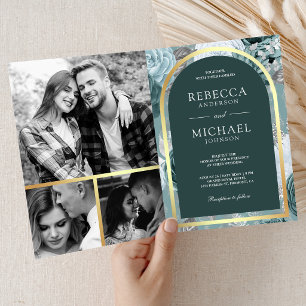 Convite Casamento com Código QR de Arco Floral Marinho Tea