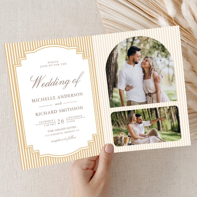 Convite Casamento com Código QR de Foto Listrada Bege Clás (Criador carregado)