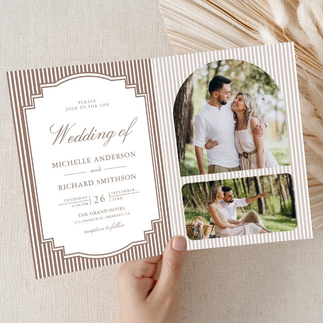 Convite Casamento com Código QR de Foto Listrada Marrom Mo (Criador carregado)