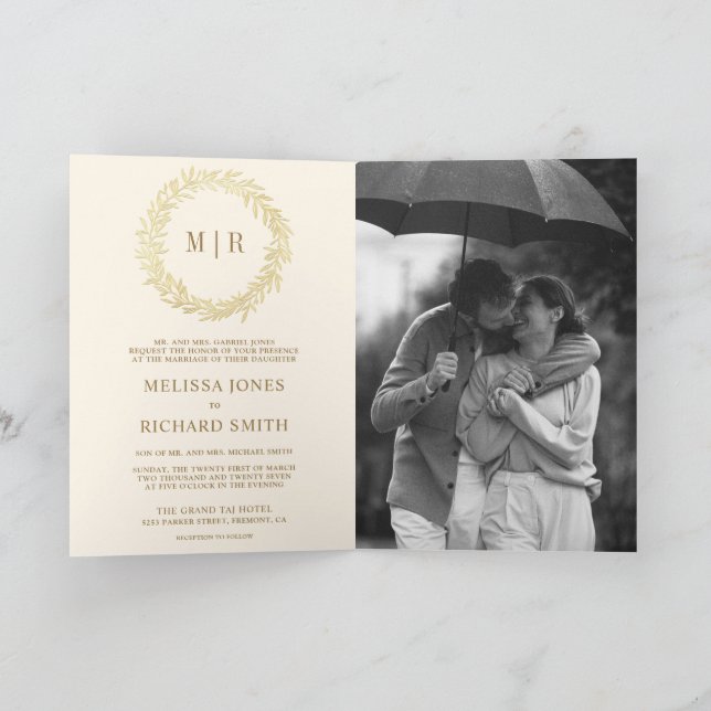 Convite Casamento com Código QR do Ramo de Folha Dourada C (Interior)