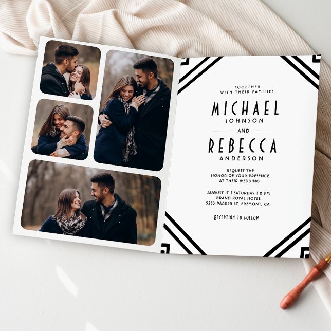Convite Casamento com Código QR Preto e Branco em Arte Dec (Criador carregado)