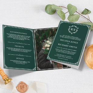 Convite Casamento com Monograma Elegante em Verde Esmerald