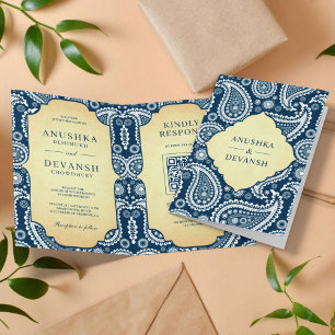 Convite Casamento com QR Code Indiano Paisley Azul Marinho