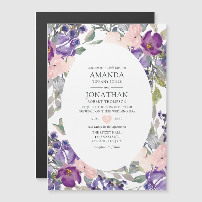 Convite Casamento com Violeta, Ameixa e Blush Floral (Frente/Verso)