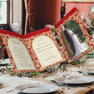 Convite Casamento Cristão Damasco Borgonha Vermelho & Crem