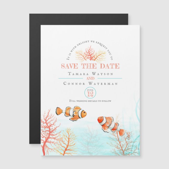 Convite Casamento data de reserva aquático coral peixe tro (Frente/Verso)