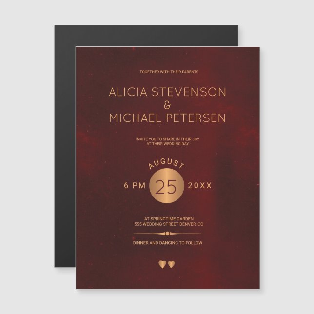 Convite Casamento de cobre metálico vermelho-escuro clássi (Frente/Verso)