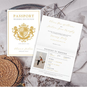Convite Casamento de Destino de Passaporte Dourado e Branc