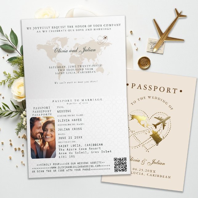 Convite Casamento de Destino do Avião do Cobrir Passaporte (passport destination wedding invitation saint lucia carribean elegant calligraphy rsvp qr)