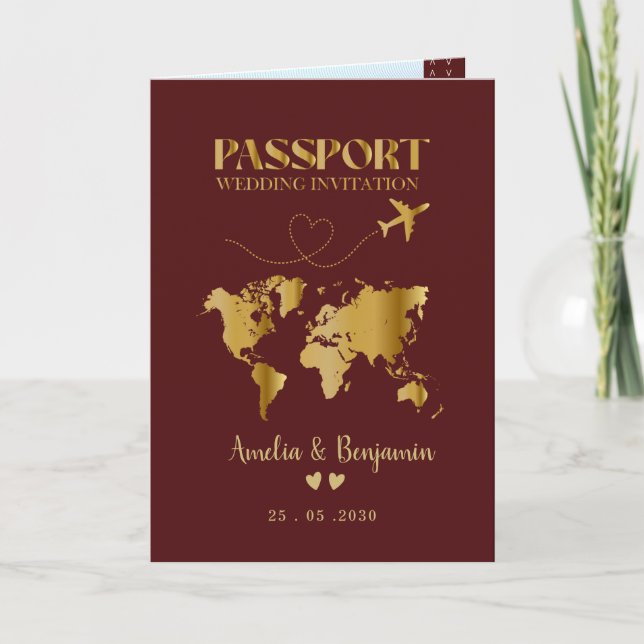 Convite Casamento de Destino Passaporte Coração de Ouro Fa (Frente)