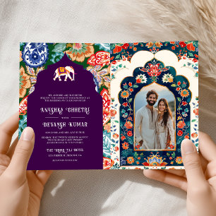 Convite Casamento de EggPlant com Elefante de Arte Popular