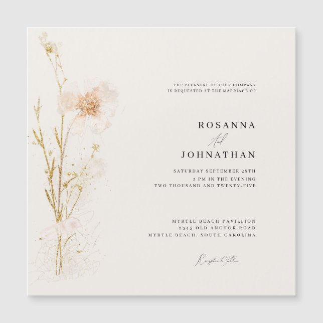 Convite Casamento de Flores Prensadas Românticas Douradas  (Frente)