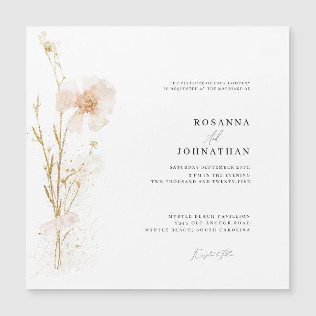 Convite Casamento de Flores Prensadas Românticas Douradas  (Frente)