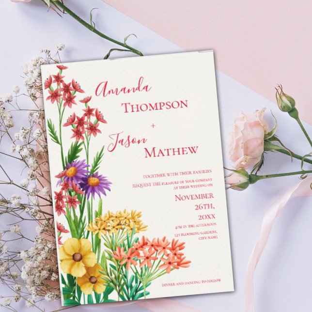 Convite Casamento de Flores Selvagens Amarelas Amarelas El (Elegant Yellow Purple Orange Wildflowers Wedding Magnetic Invitation)