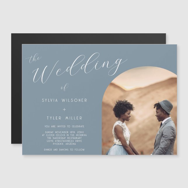 Convite Casamento de Foto Azul com Derrame de Tipografia M (Frente/Verso)