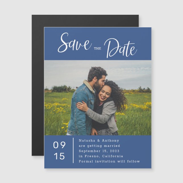 Convite Casamento De Foto Branco E Azul Moderno Salva A Da (Frente/Verso)