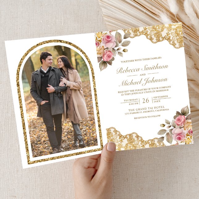 Convite Casamento de Foto com Código QR e Renda Dourada Fl (Criador carregado)