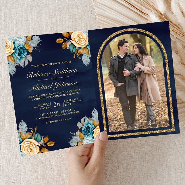 Convite Casamento de Foto com Código QR Floral Creme Azul  (Criador carregado)