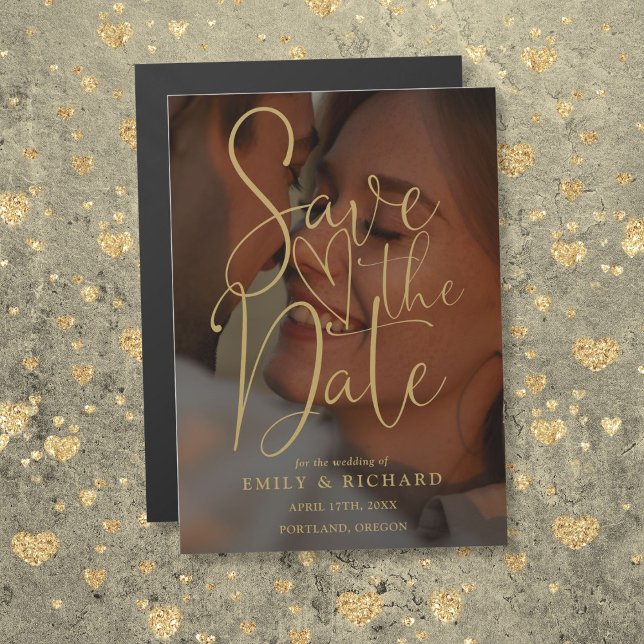 Convite Casamento De Foto De Script Dourado Elegante Salva (Elegant Gold Script Photo Wedding Save The Date Magnetic Invitation)
