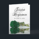 Convite Casamento de Fotografias Românticas Emerald Green<br><div class="desc">Estes belos convites para o casamento apresentam uma design impressionante com uma rosa verde-esmeralda de solteiro longo que reflete em água com ondas e ondulações. A frente exibe os primeiros nomes do casal em letra de script de rico. Dentro é o espaço para a foto do casal junto com todas...</div>