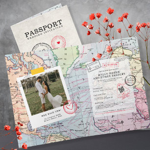 Convite Casamento de Mapa de Destino do Passaporte Beige