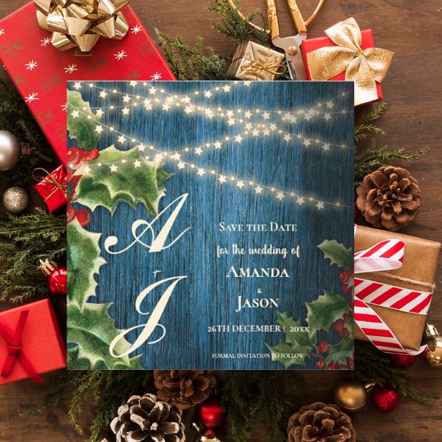 Convite Casamento De Natal Do Monograma De Madeira Azul Sa (Blue Wood Monogram Christmas Wedding Save The Date Magnetic Invitation)