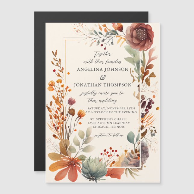 Convite Casamento de Outono Floral Marfim Boho Creme (Frente/Verso)