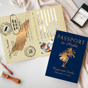 Convite Casamento de Passaporte Blue Faux Gold Foil Aruba
