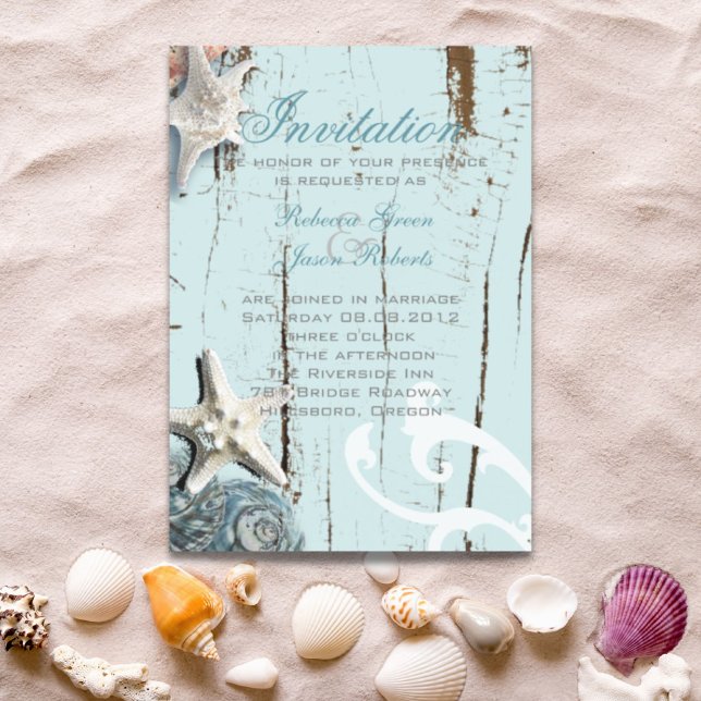 Convite Casamento de praia conchas azuis de madeira elegan (Elegant wood BLue Seashells Beach Wedding Magnetic Invitation)