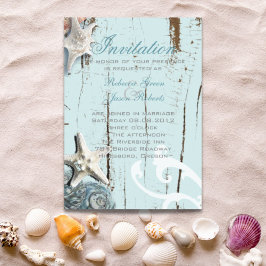 Convite Casamento de praia Elegante madeira Conchas azuis