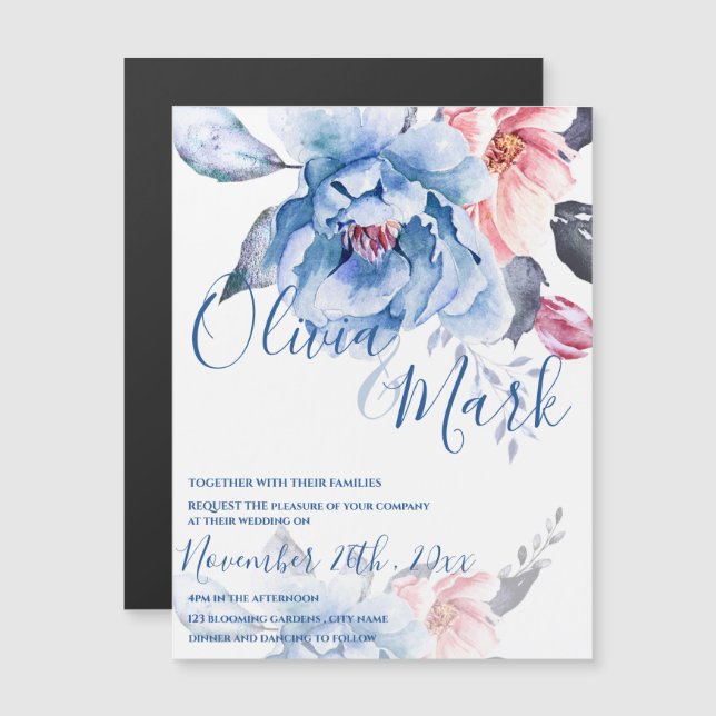 Convite Casamento de Script Floral Blue Watercolor (Frente/Verso)