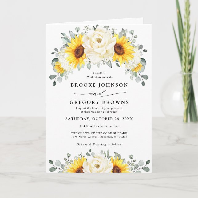 Convite Casamento de Sunflower Ivory Peony Floral Eucalypt (Frente)