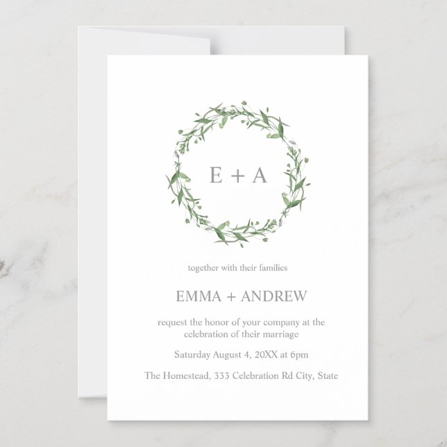 Convite Casamento de Wreath de Cor Azul Elegante (Frente)