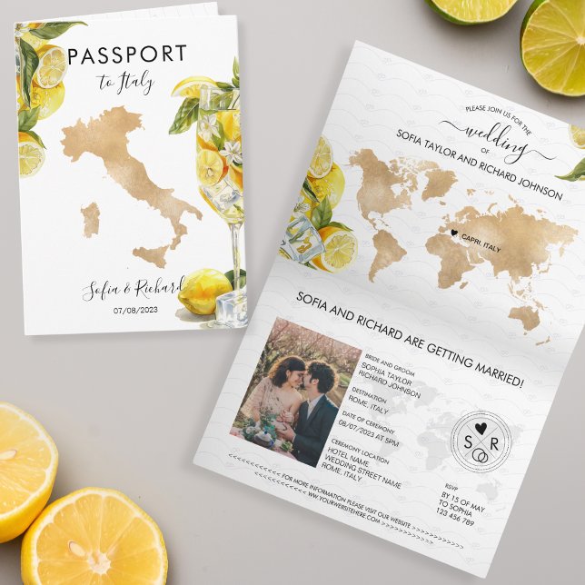 Convite Casamento Destino Limão Passaporte Citrus Itália (lemon citrus summer yellow watercolor)