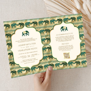 Convite Casamento Dourado de Elefante Cream Emerald Green