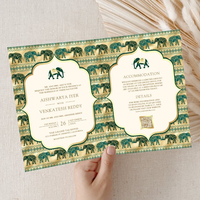 Convite Casamento Dourado de Elefante Cream Emerald Green (Criador carregado)