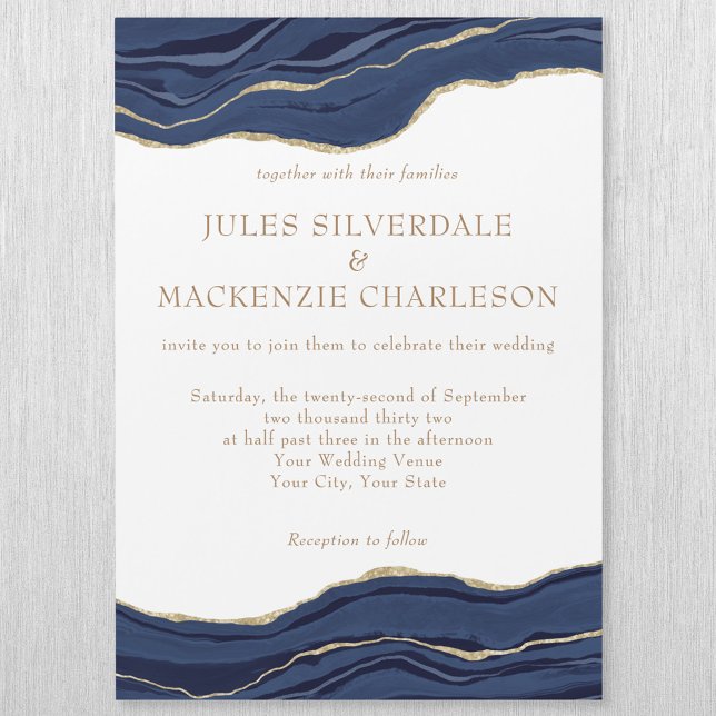 Convite Casamento Dourado de Glitter de Agato Azul-marinho (Criador carregado)