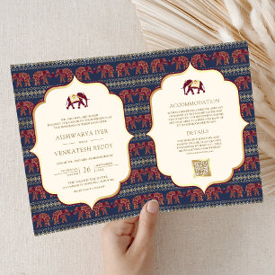 Convite Casamento Dourado do Elefante Azul-Burgundy